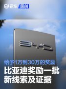 比亚迪奖励一批新线索及证据，给予1万到30万的奖励